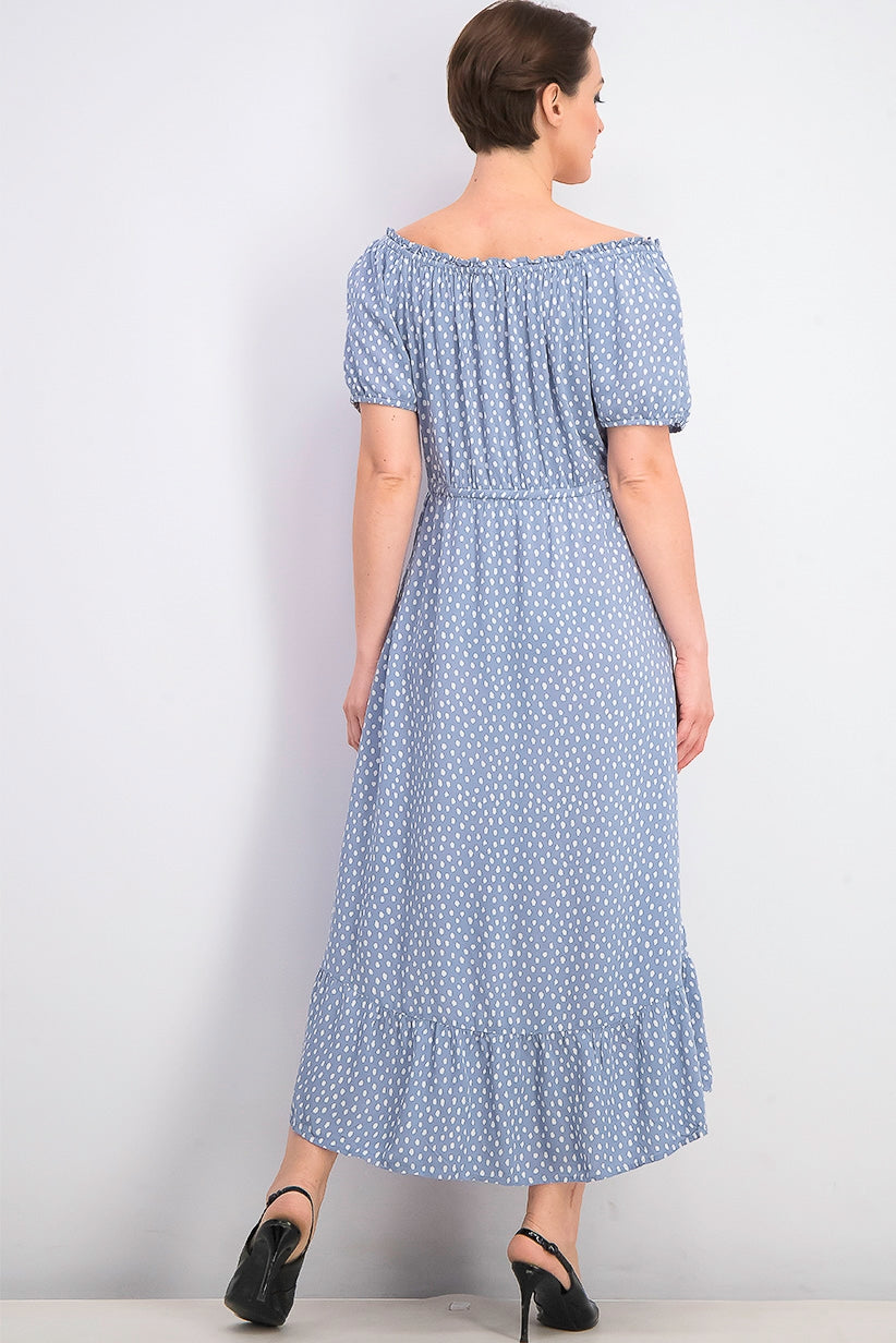 Vestido feminino estilo camponês alto e baixo, azul, tamanho médio