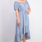 Vestido feminino estilo camponês alto e baixo, azul, tamanho médio