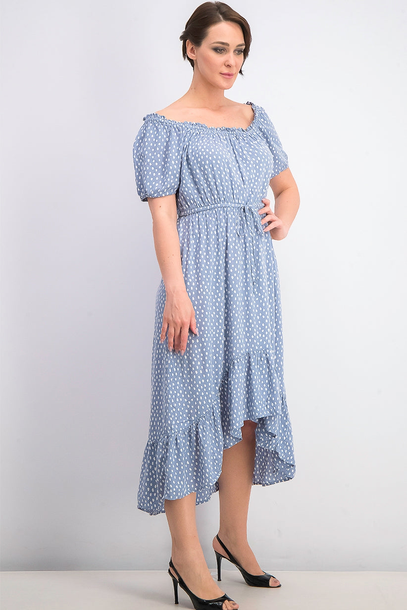 Vestido feminino estilo camponês alto e baixo, azul, tamanho médio