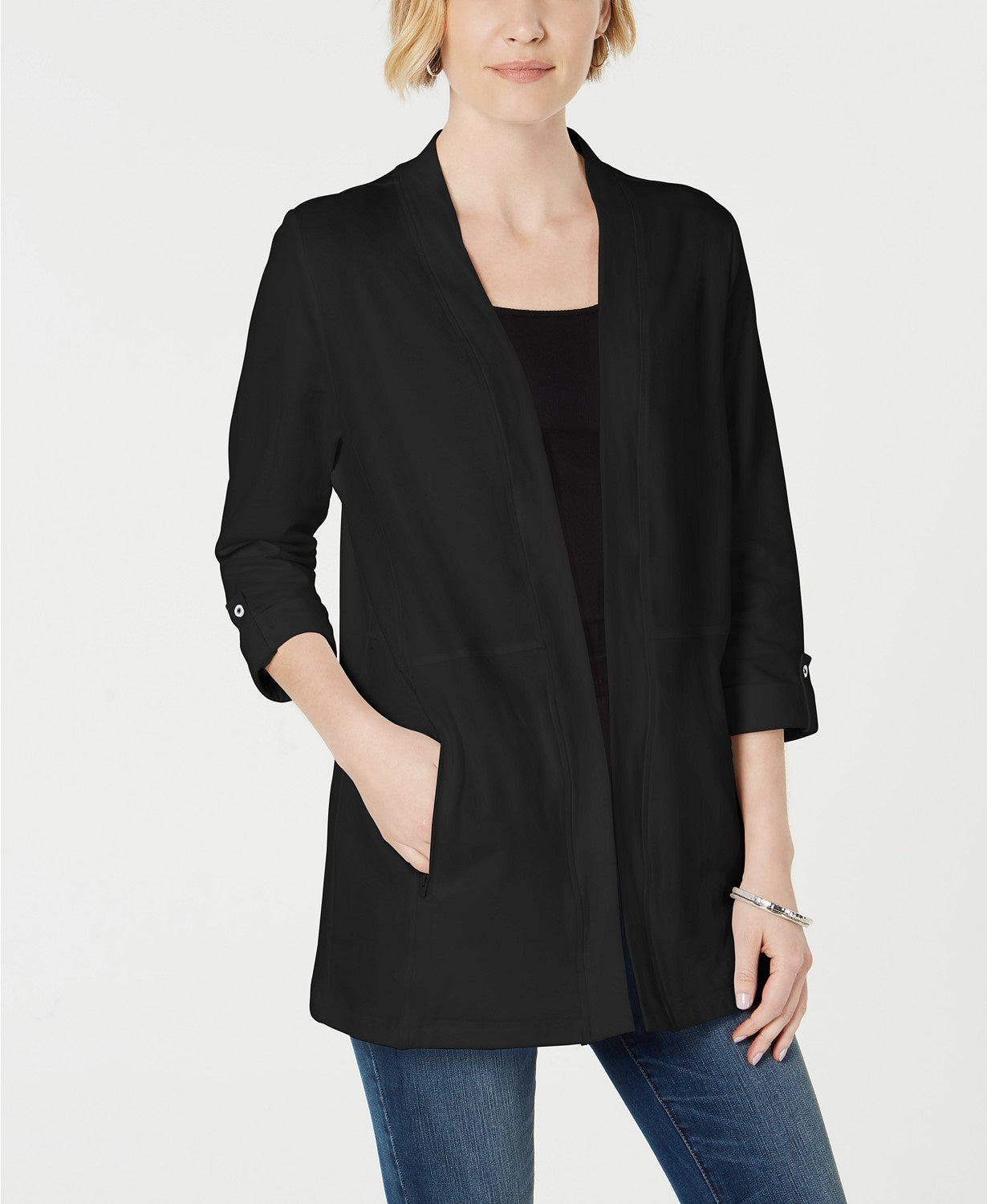 Karen Scott Cardigan feminino manga 3/4 aconchegante, preto, tamanho médio