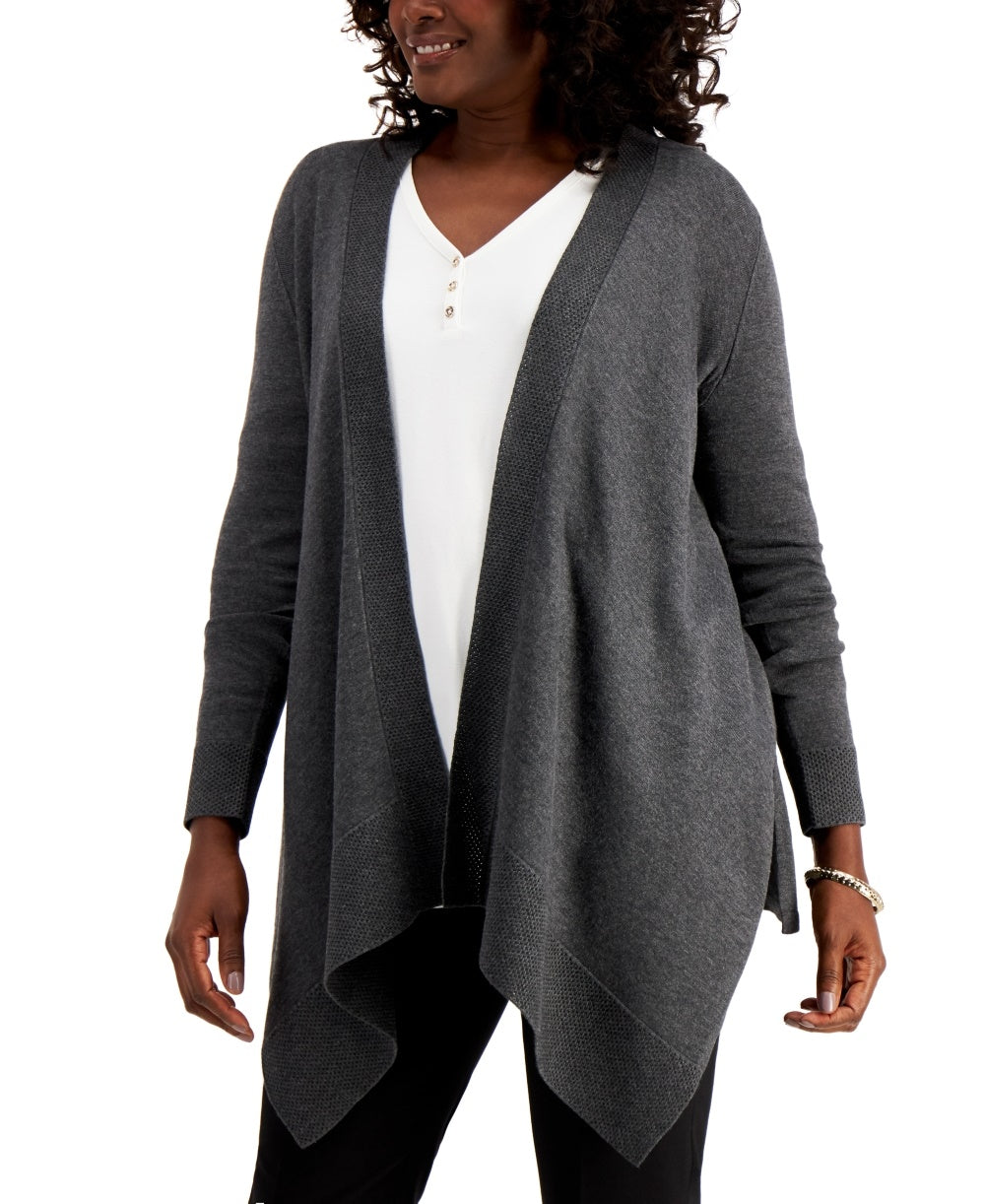 Cardigan feminino com bainha texturizada e frente em cascata, tamanho médio, cinza, da coleção JM