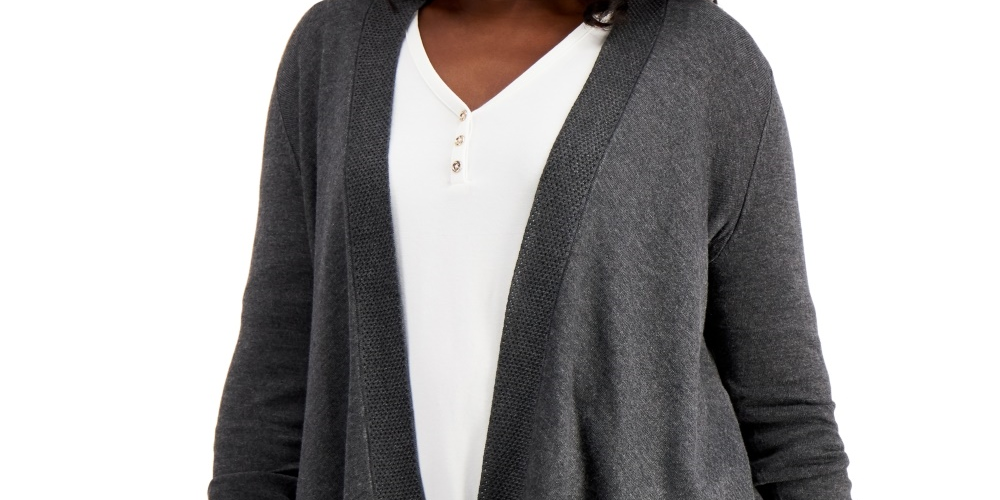Cardigan feminino com bainha texturizada e frente em cascata, tamanho médio, cinza, da coleção JM
