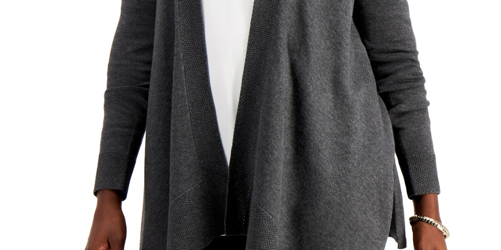 Cardigan feminino com bainha texturizada e frente em cascata, tamanho médio, cinza, da coleção JM