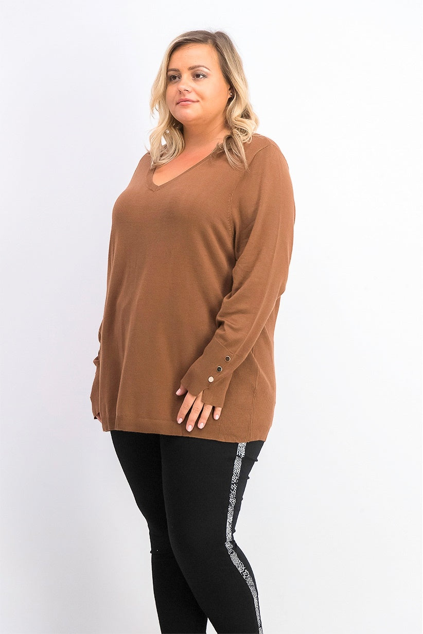 JM Collection Suéter feminino com punho de botão e decote em V, marrom, tamanho extragrande
