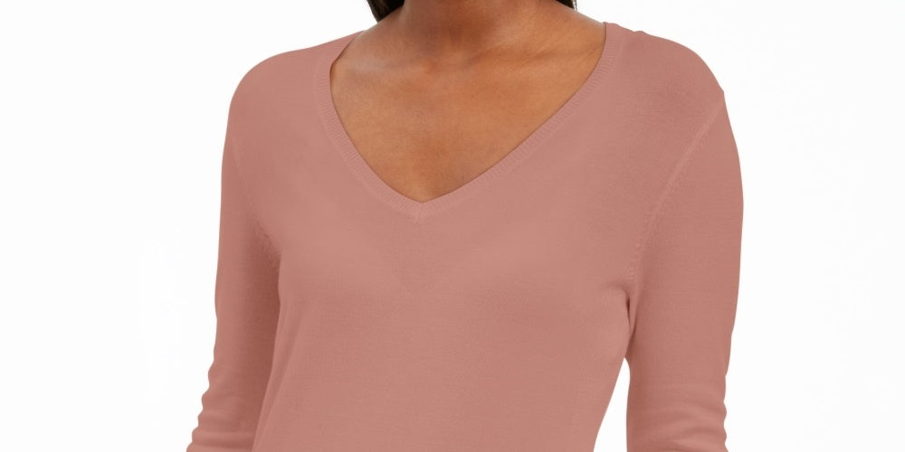 JM Collection Suéter feminino com punho de botão e decote em V, rosa brilhante, tamanho pequeno