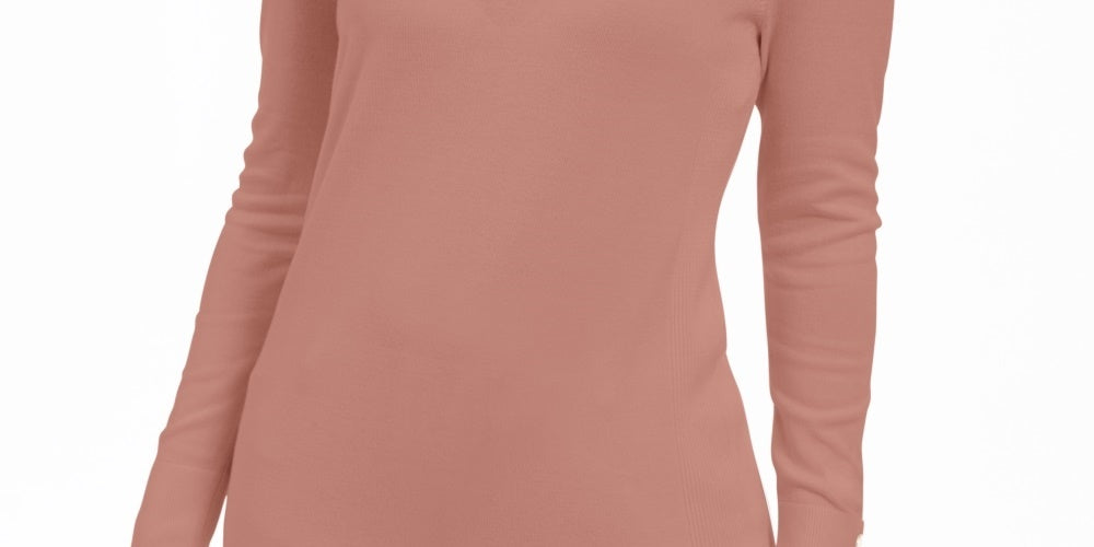 JM Collection Suéter feminino com punho de botão e decote em V, rosa brilhante, tamanho pequeno
