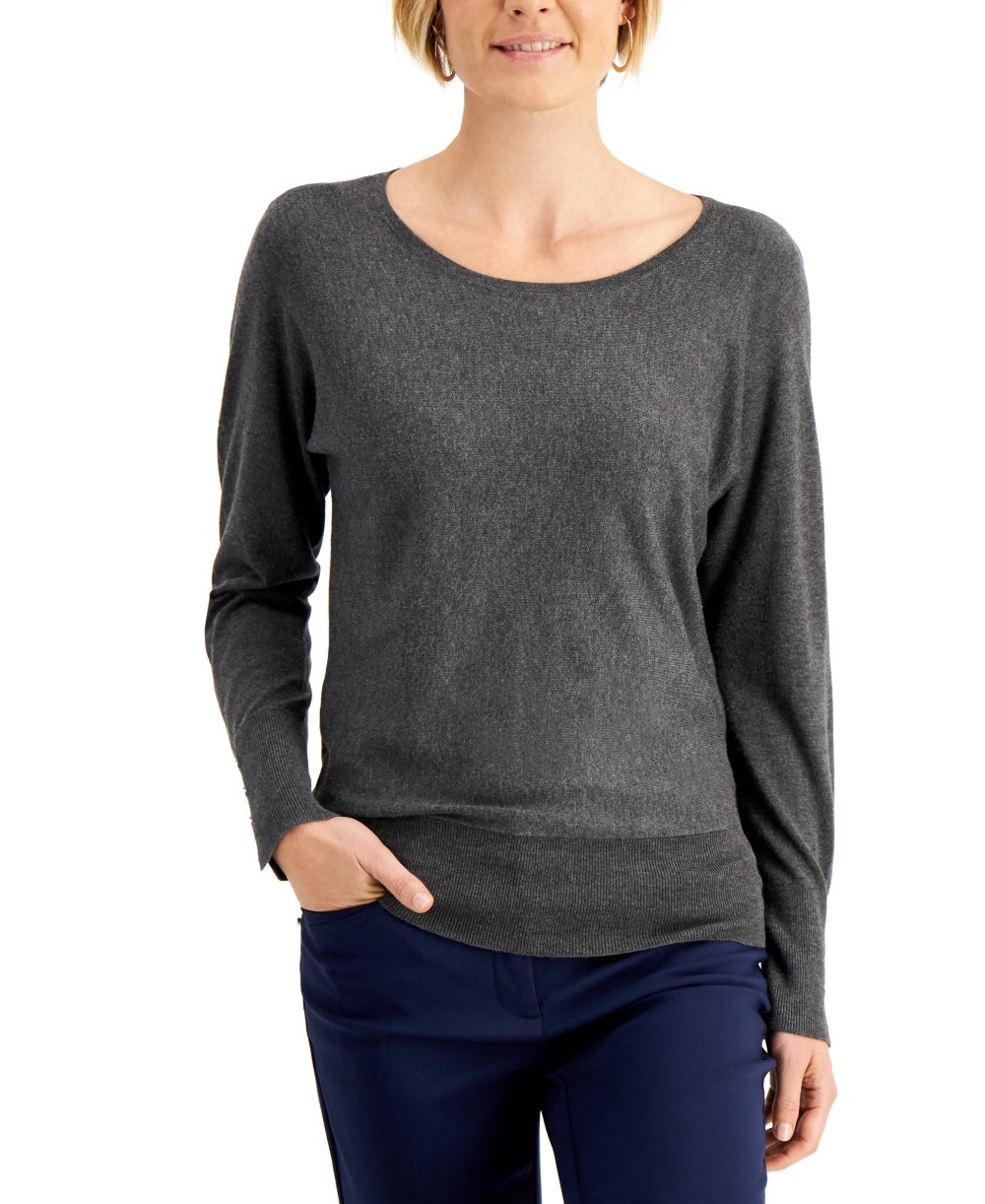 JM Collection Top feminino com manga dolman e rebites, cinza, tamanho X-S