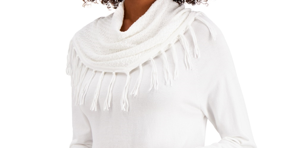 Suéter feminino com franjas e gola alta, estilo &amp; co, branco, tamanho pequeno
