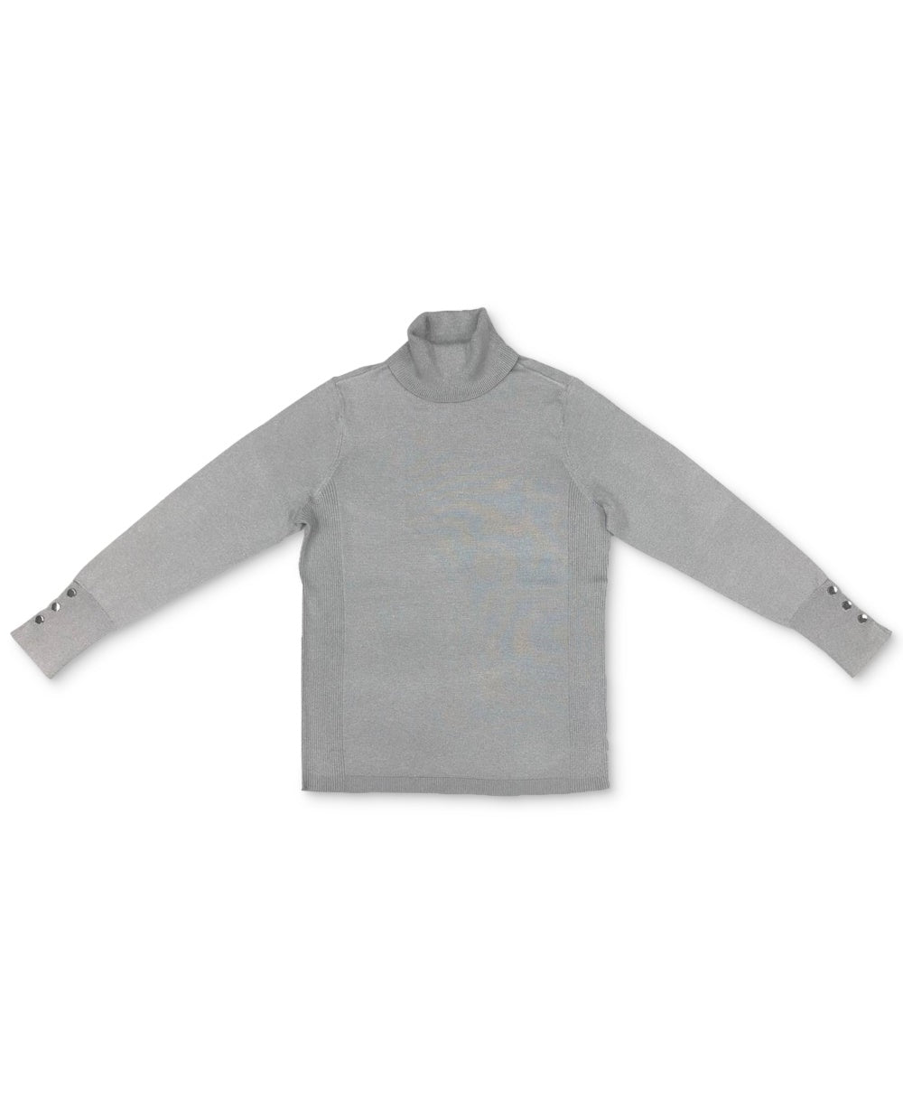 Suéter feminino de gola alta metálica JM Collection, tamanho grande, prateado