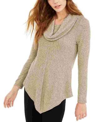 Suéter texturizado com gola alta e bainha em V BCX Junior, tamanho médio, bege