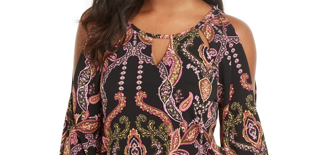 Blusa feminina Thalia Sodi estampada com ombros descobertos, preta, tamanho pequeno