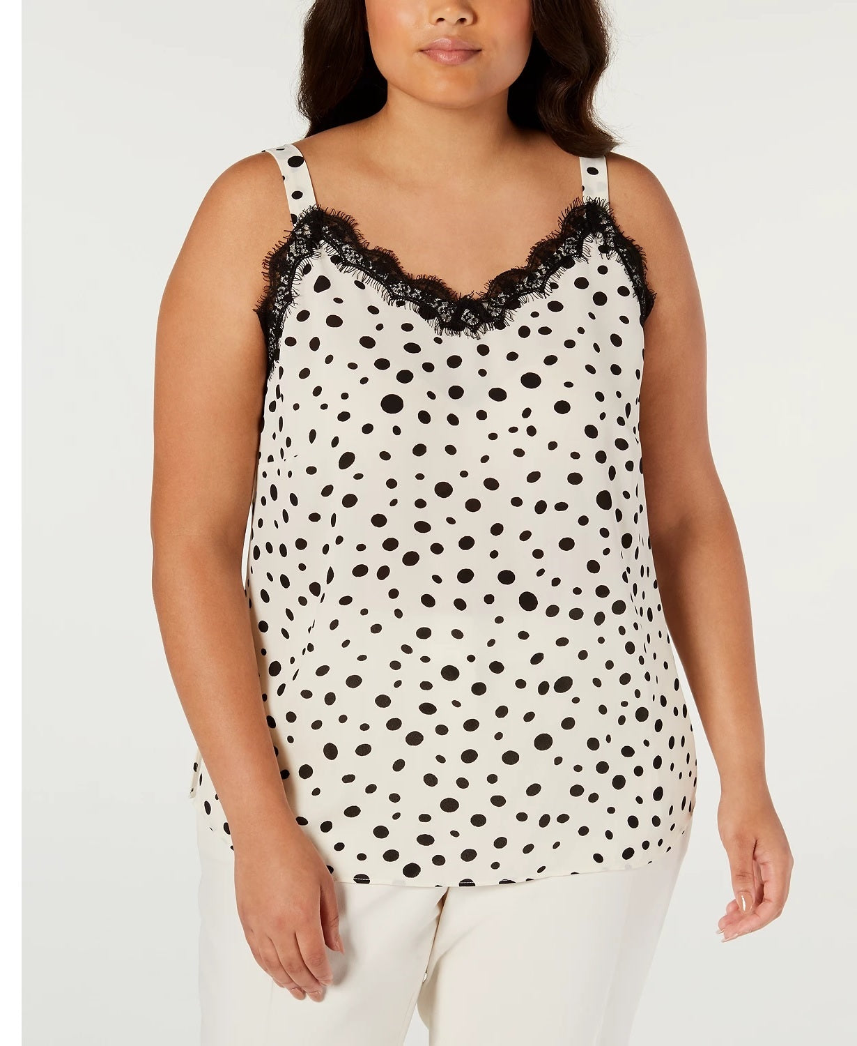 Blusa feminina Bar III com decote em V e acabamento em renda e bolinhas, sem mangas, bege, tamanho 1X