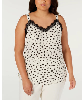 Blusa feminina Bar III com decote em V e acabamento em renda e bolinhas, sem mangas, bege, tamanho 1X