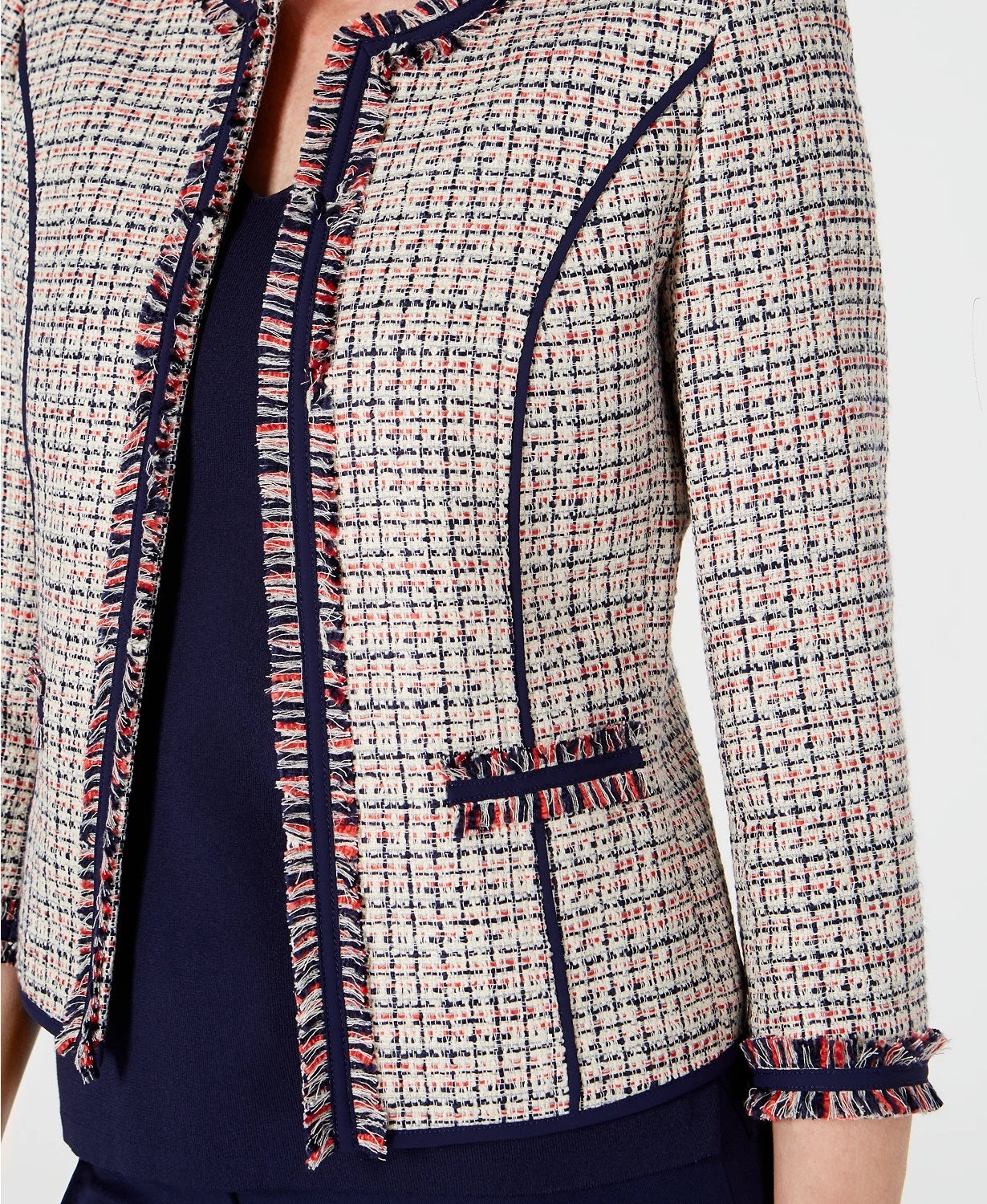 Jaqueta feminina Anne Klein com franjas em sarja, branca, tamanho 6