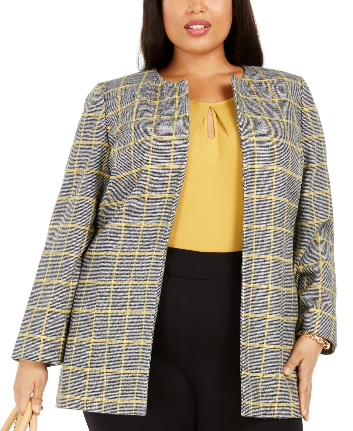 Blazer feminino plus size xadrez aberto na frente, amarelo, tamanho pequeno e pequeno