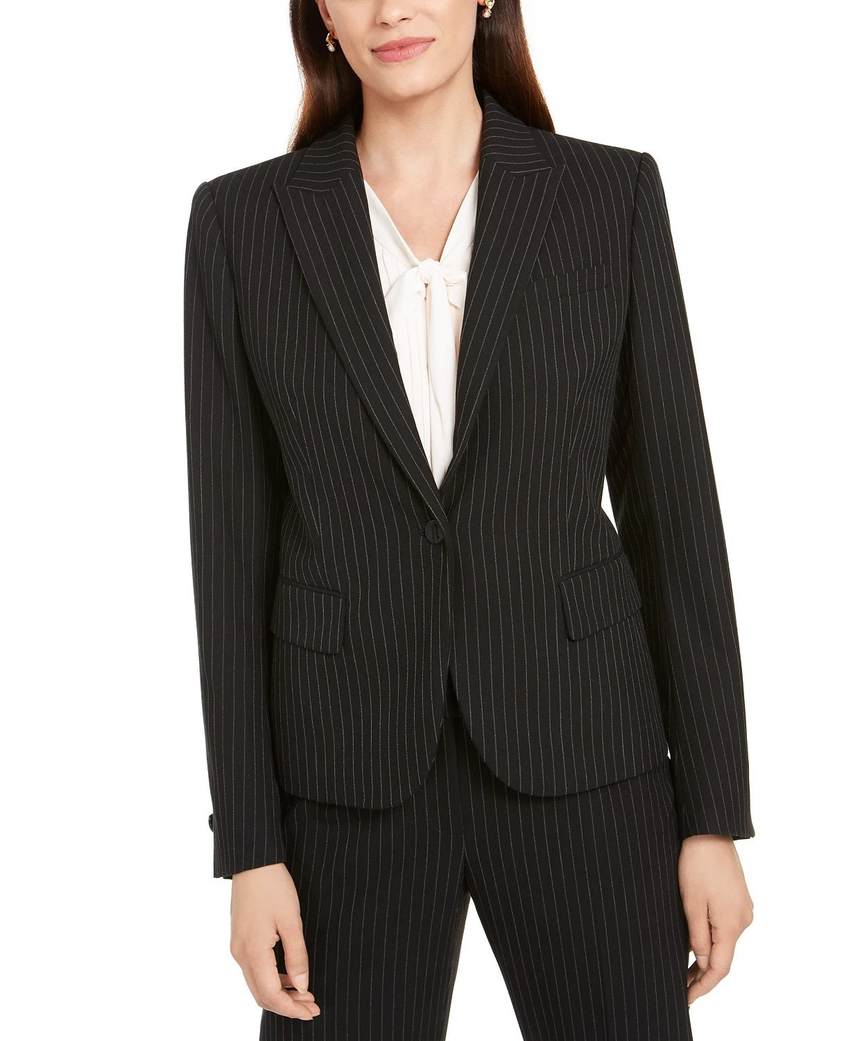 Blazer feminino Anne Klein com lapela e listras pretas, tamanho 8