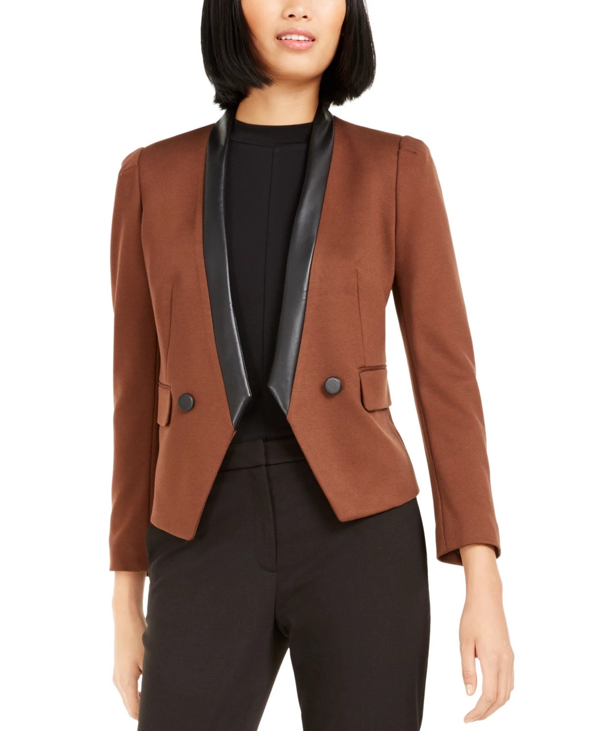 Terno feminino Bar III de couro sintético, blazer aberto com frente separada, marrom, tamanho 6