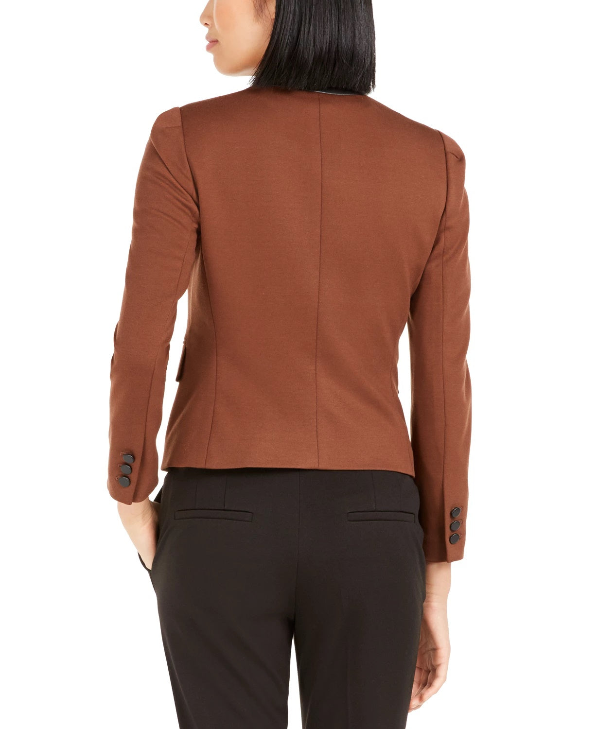 Terno feminino Bar III de couro sintético, blazer aberto com frente separada, marrom, tamanho 6