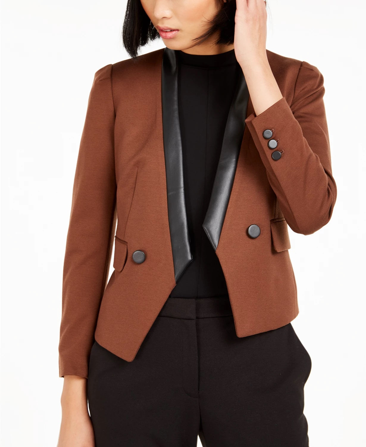 Terno feminino Bar III de couro sintético, blazer aberto com frente separada, marrom, tamanho 6