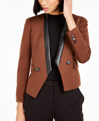 Terno feminino Bar III de couro sintético, blazer aberto com frente separada, marrom, tamanho 6