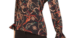 Blusa estampada feminina Bar III com decote em V, preta, tamanho XX-S