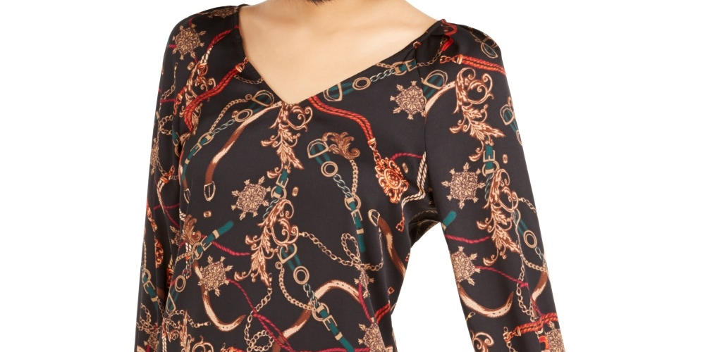 Blusa feminina Bar III com estampa decote em V, cor carvão, tamanho extragrande