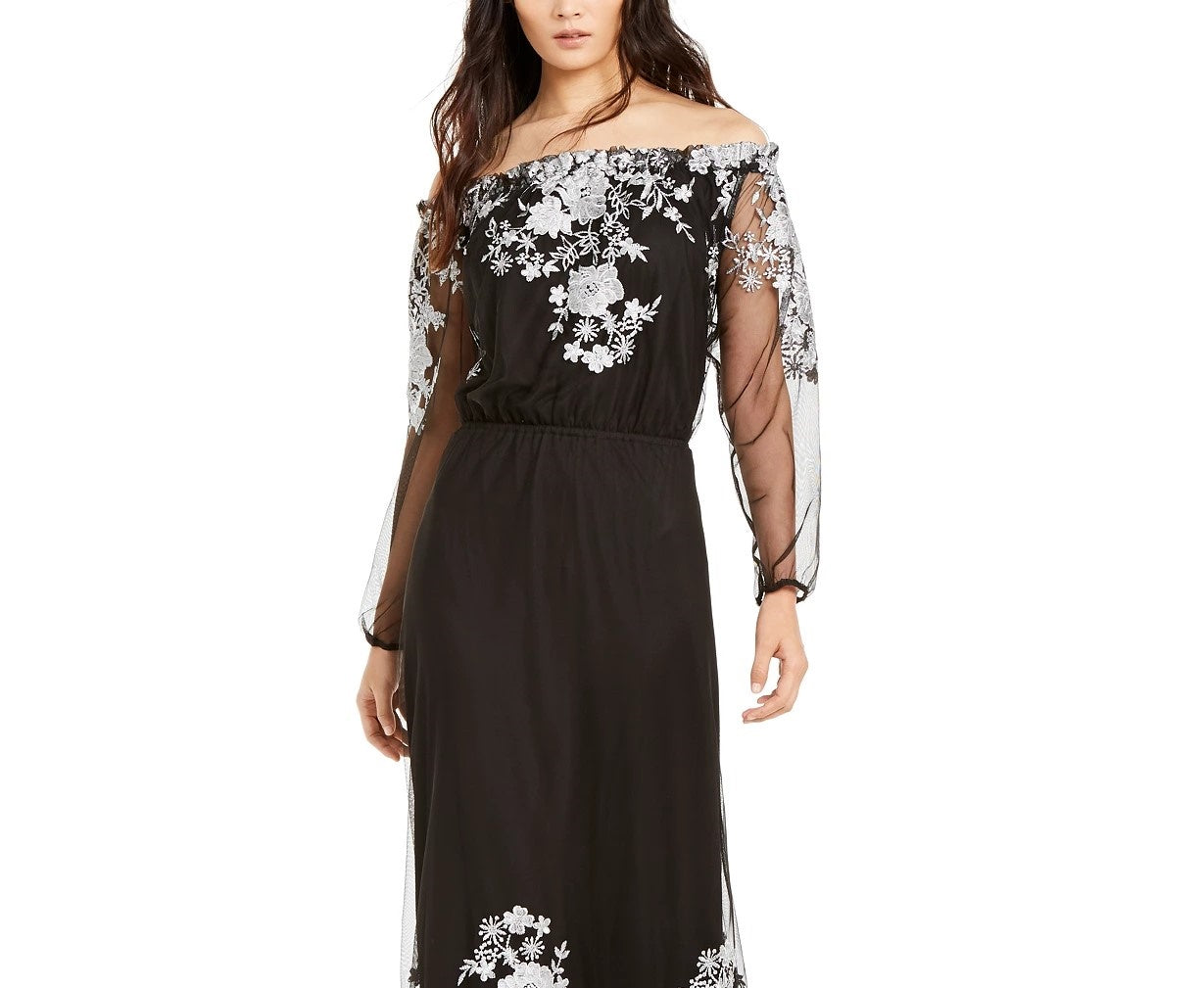 Vestido longo feminino bordado ombro a ombro da INC International Concepts, preto, tamanho 2
