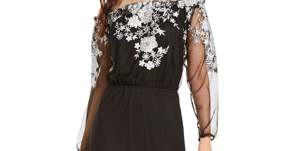 Vestido longo feminino bordado ombro a ombro da INC International Concepts, preto, tamanho 8