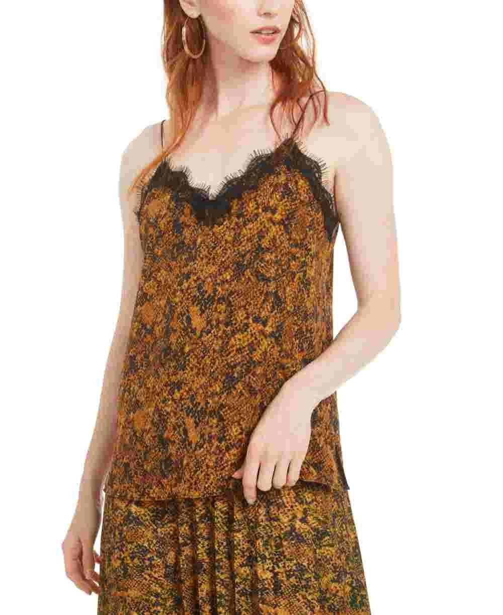 Top feminino Bar III com estampa de cobra e acabamento em renda, tamanho médio, amarelo, grande