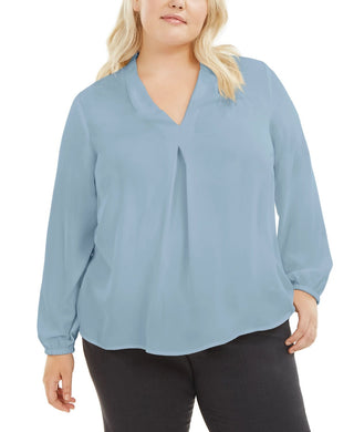 Blusa feminina moderna com decote em V, azul, tamanho 3X
