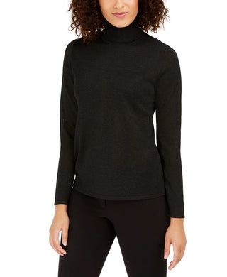 Suéter feminino Anne Klein com gola alta e detalhes metálicos, preto, tamanho extragrande