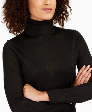 Suéter feminino Anne Klein com gola alta e detalhes metálicos, preto, tamanho extragrande