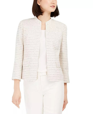 Jaqueta feminina Anne Klein de tweed com frente aberta, branca, tamanho 2