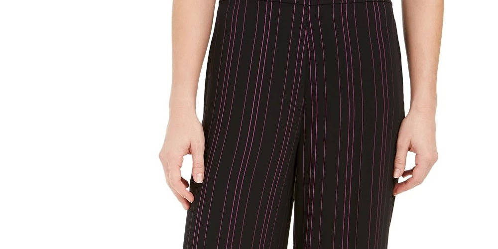 Calça feminina listrada Bar III, perna larga, preta, tamanho 2