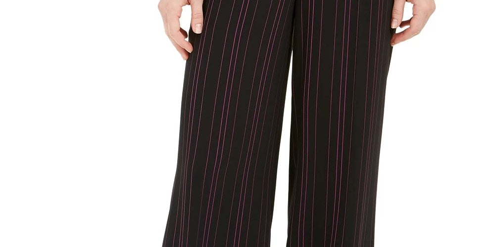 Calça feminina listrada Bar III, perna larga, preta, tamanho 2