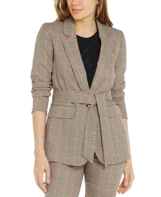 Blazer feminino xadrez com amarração na cintura Bar III, bege, cáqui, tamanho extragrande