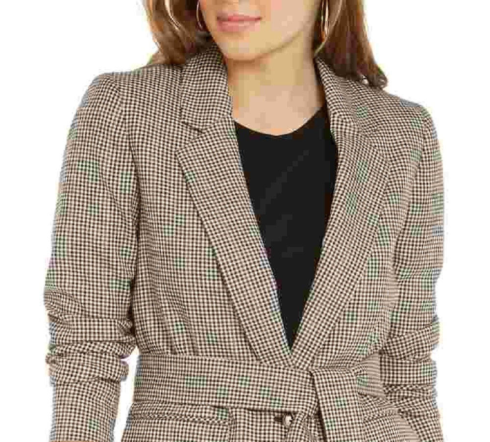 Blazer feminino xadrez com amarração na cintura Bar III, bege, cáqui, tamanho extragrande