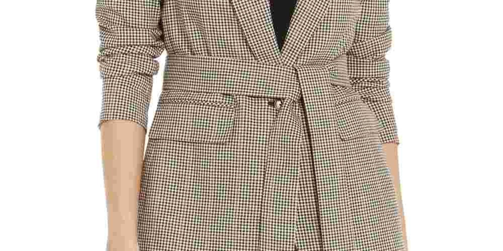 Blazer feminino xadrez com amarração na cintura Bar III, bege, cáqui, tamanho extragrande