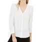 Blusa feminina Bar III lisa com manga 3/4 e decote em V, com botões, branca, tamanho médio