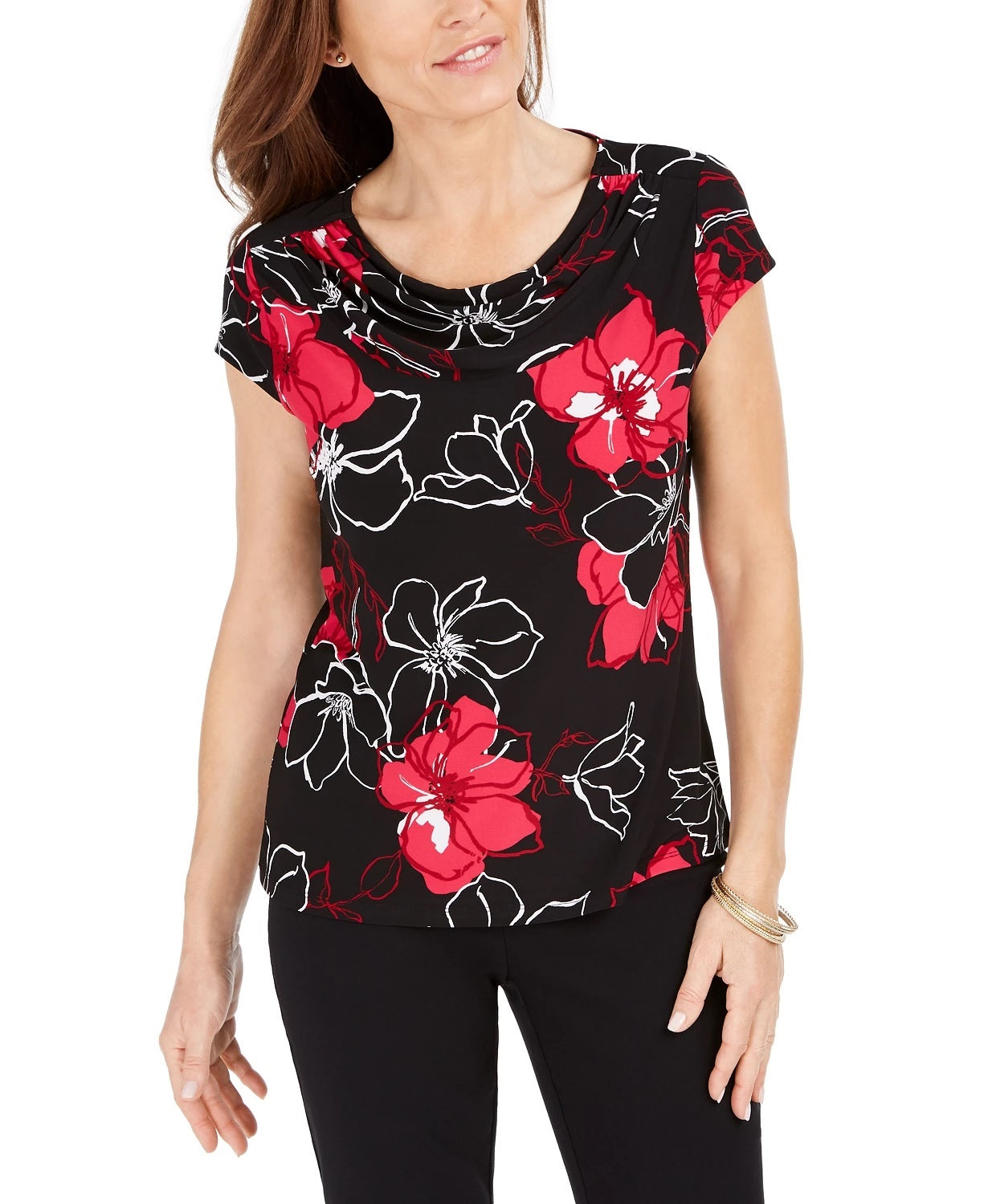 Blusa feminina Kasper floral de manga curta e decote redondo, rosa, tamanho X-S
