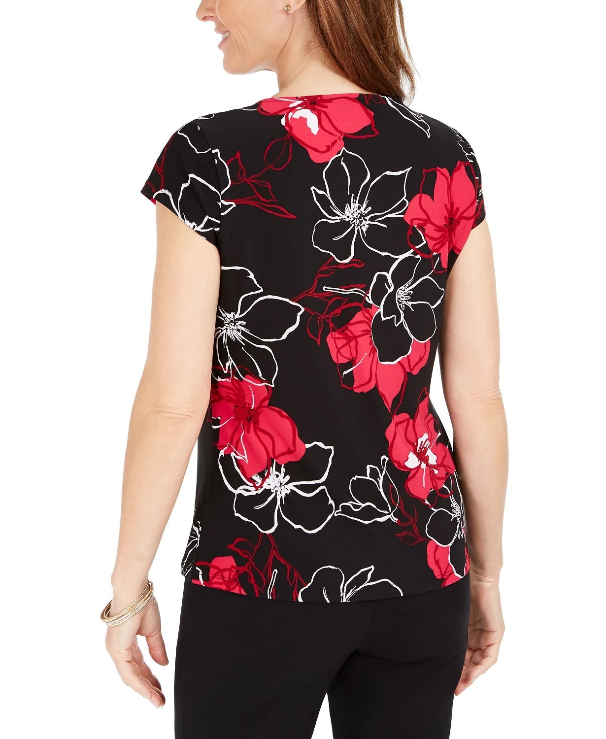 Blusa feminina Kasper floral de manga curta e decote redondo, rosa, tamanho X-S