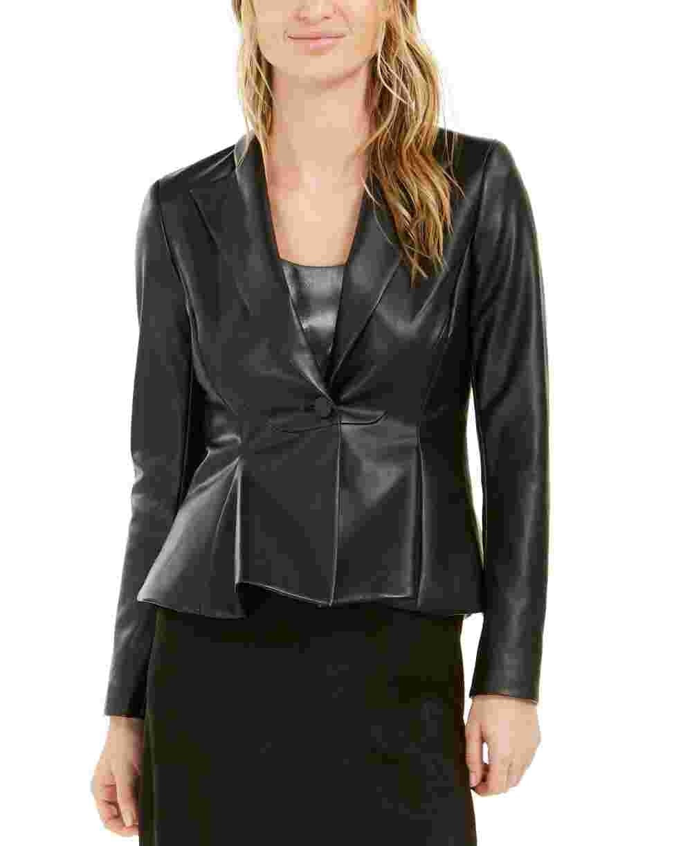 Jaqueta peplum feminina Bar III em couro sintético, preta, tamanho 8