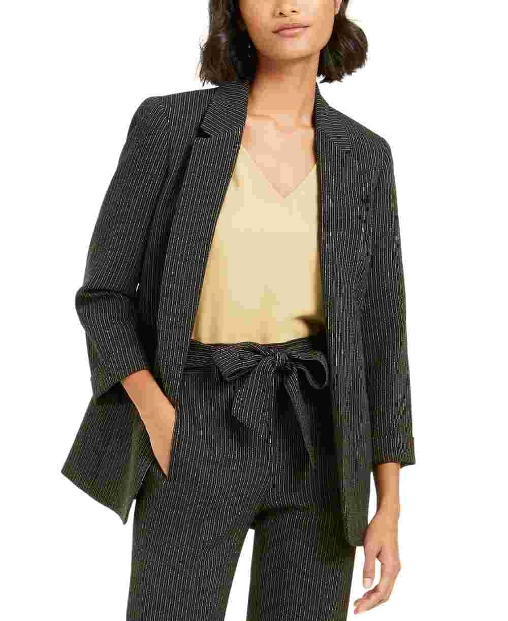 Blazer feminino Bar III com listras abertas na frente, preto, tamanho grande