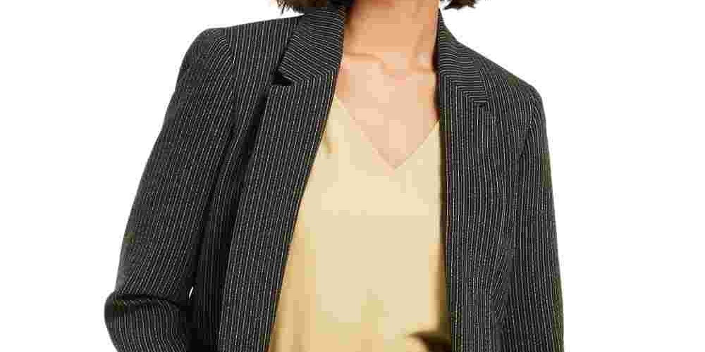 Blazer feminino Bar III com listras abertas na frente, preto, tamanho grande
