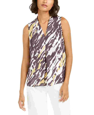 Blusa feminina Bar III com estampa animal abstrata e decote em V, preta, tamanho X-S