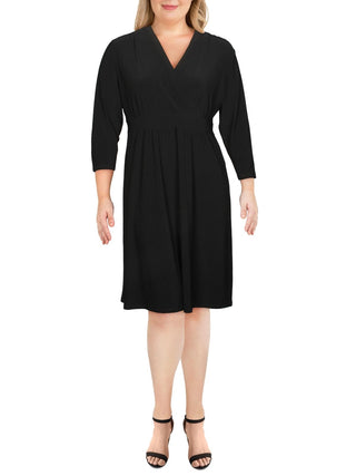 Vestido feminino Anne Klein com decote em V, estilo escritório, justo e evasê, preto, tamanho extragrande