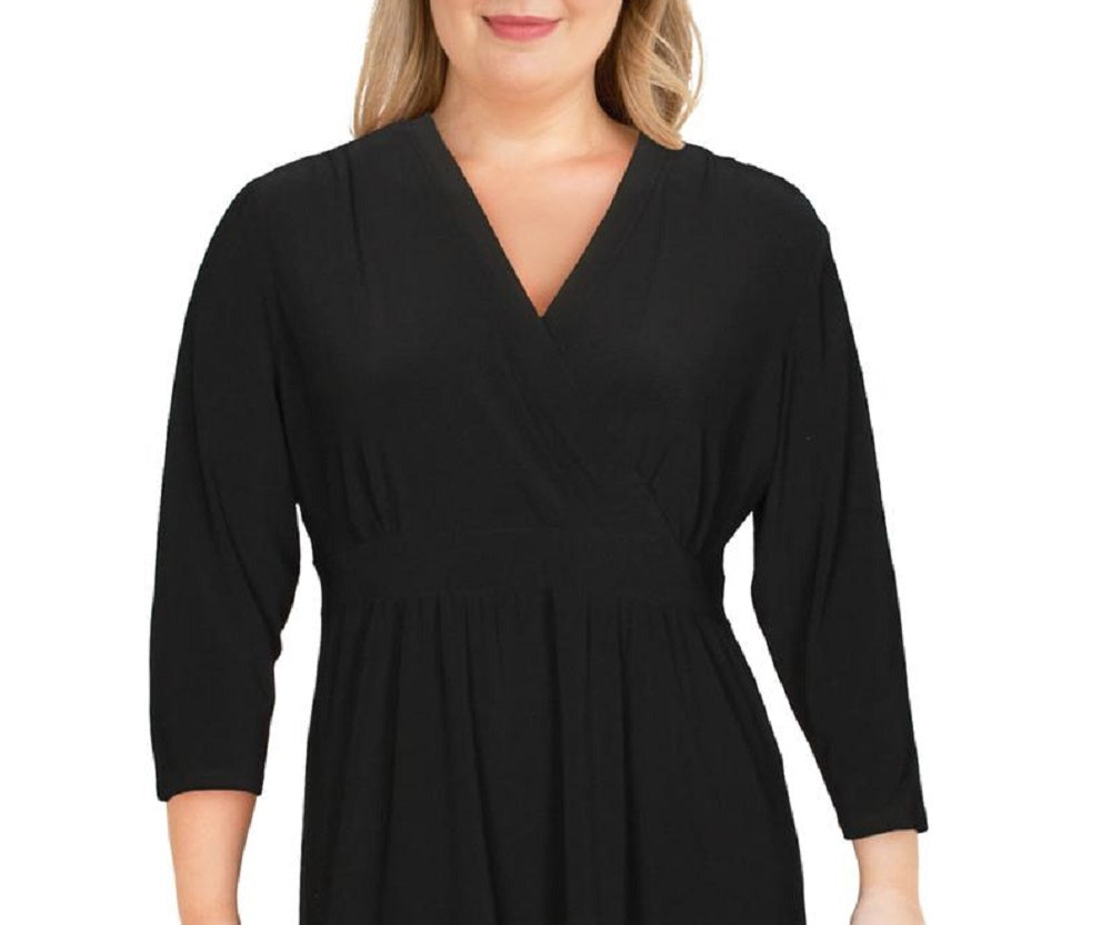 Vestido feminino Anne Klein com decote em V, estilo escritório, justo e evasê, preto, tamanho extragrande