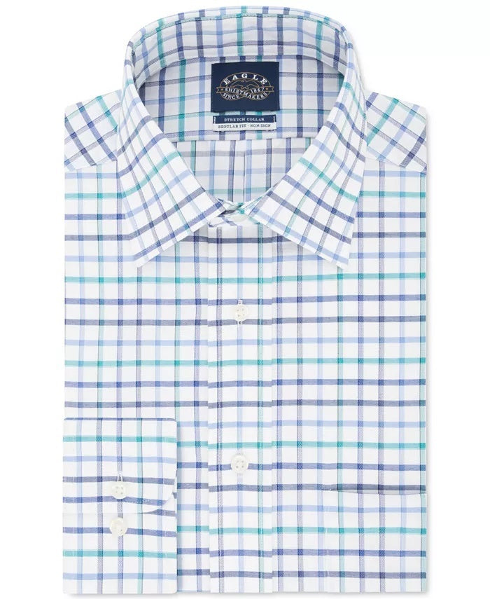 Camisa social masculina Eagle azul com janela xadrez e gola clássica, elástica, tamanho 17,1/2 x 34-35