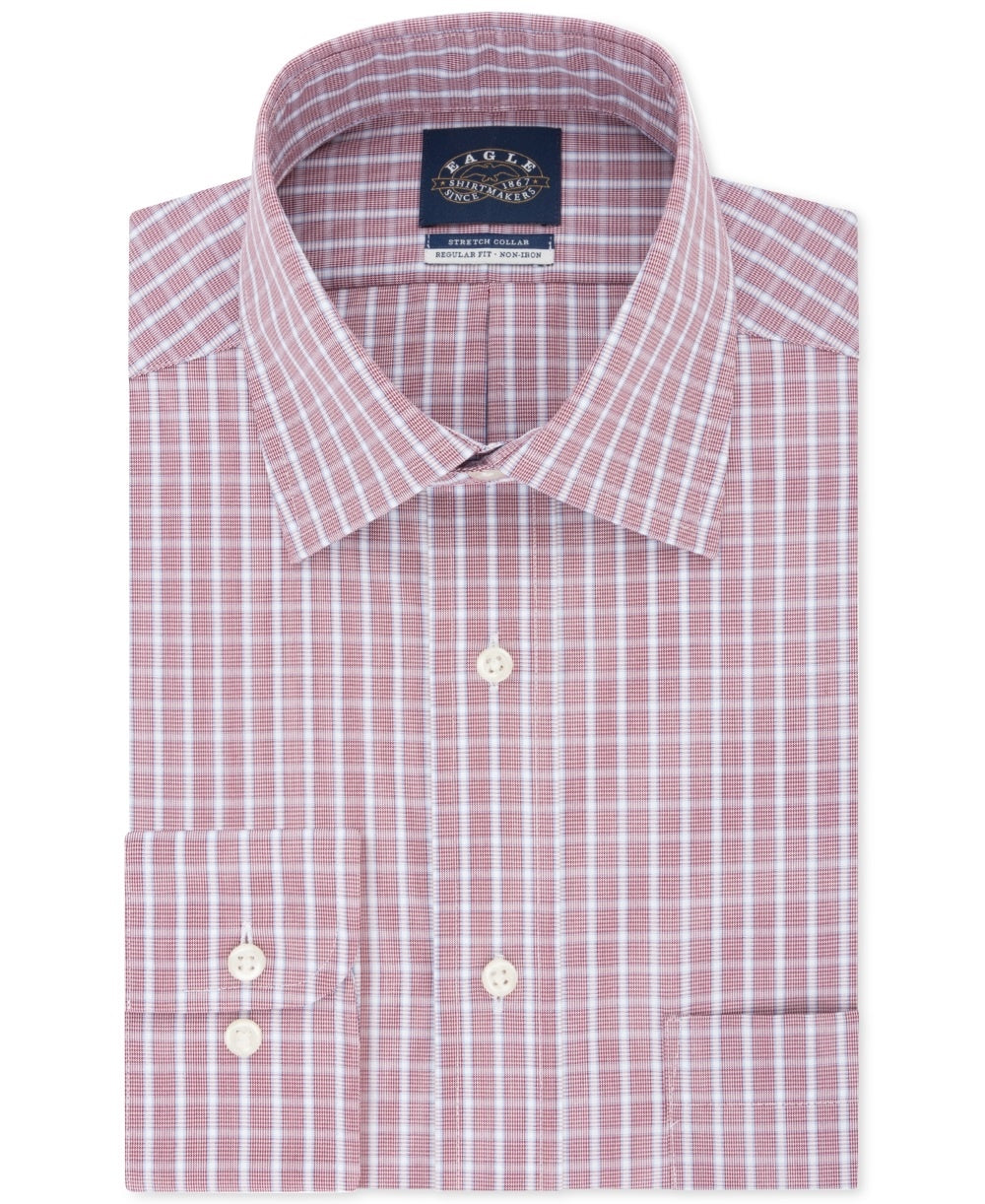 Camisa social xadrez Eagle Masculina Classic Regular Fit, sem passar a ferro, gola elástica, vermelha, tamanho 18,5 x 34 x 35