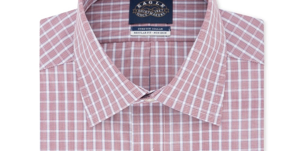 Camisa social xadrez Eagle Masculina Classic Regular Fit, sem passar a ferro, gola elástica, vermelha, tamanho 18,5 x 34 x 35